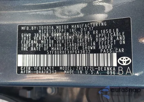 2017 Toyota Corolla Xle from USA, damaged, VIN 5YFBURHEXHP643832